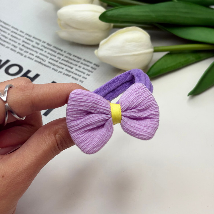 پک دوتایی کش مو پاپیون دار حوله ای و سیم تلفنی رنگ بنفش