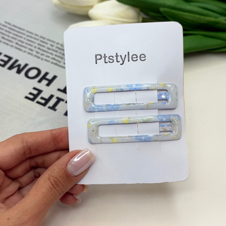 گیره مو براق جفتی تق تقی طرح گلدار وپینترستی رنگ آبی6cm