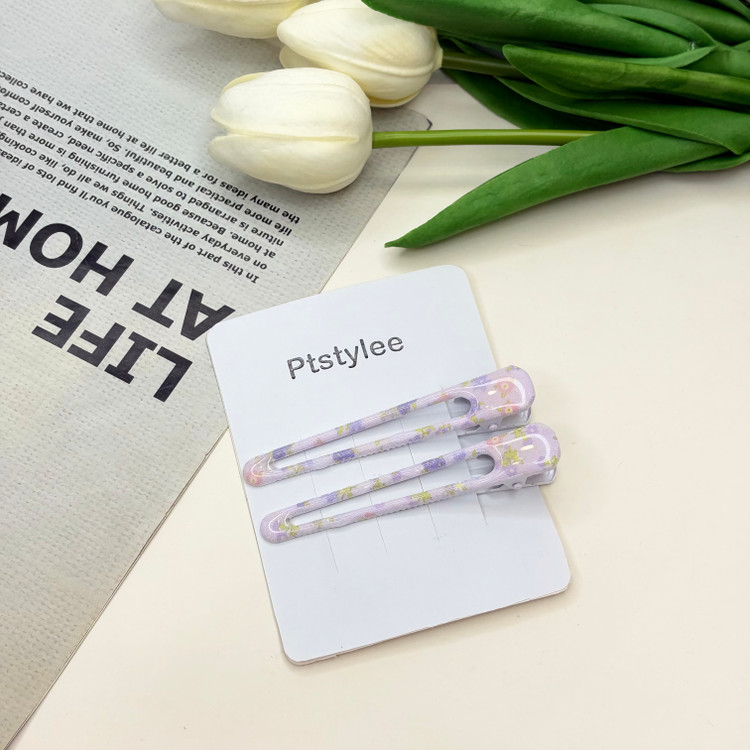 گیره مو جفتی براق انبری طرح گلدار وپینترستی براق رنگ بنفش6cm