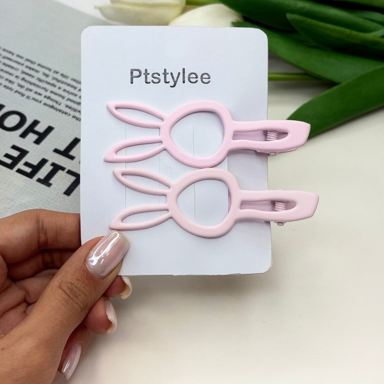 گیره مو انبری جفتی طرح خرگوشی رنگ صورتی کمرنگ مات8cm