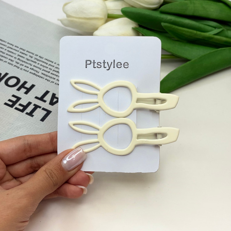 گیره مو انبری جفتی طرح خرگوشی رنگ شیری کرم مات 8cm
