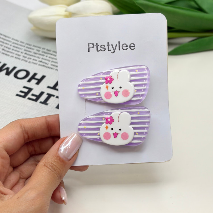 گیره مو انبری سرامیکی جفتی پیکسل دار طرح خرگوش رنگ بنفش