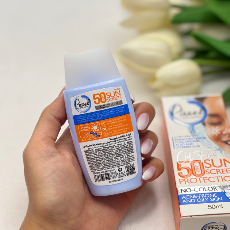کرم ضدآفتاب بدون رنگ پیکسلspf50مناسب پوست های چرب ،جوش دار و مختلط 50میل