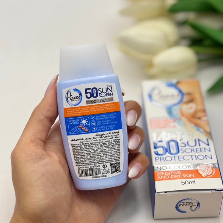 کرم ضدآفتاب بدون رنگ پیکسلspf50مناسب پوست های خشک تا نرمال و حساس 50میل