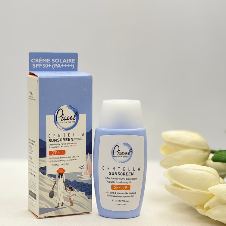 ضدآفتاب بدون رنگ پیکسل spf 50 مناسب انواع پوست ها ۵۰میل مدل سنتلا بسیار سبک مناسب زیر آرایش