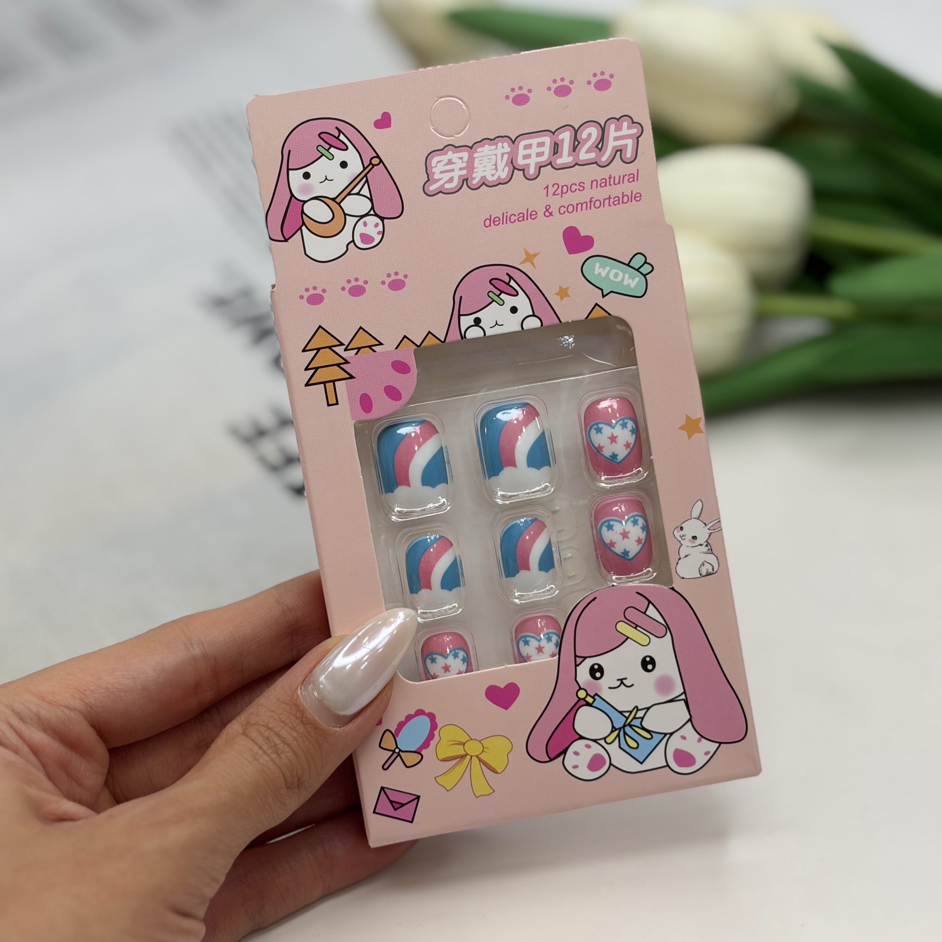 ناخن مصنوعی بچگانه دخترانه ۱۵عددی طرح رنگین کمانی فانتزی و پینترستی حاوی چسب دوطرفه
